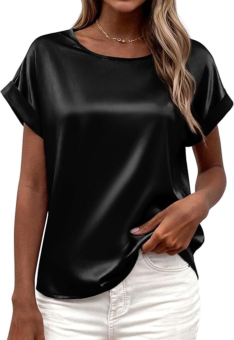 Womens Summer Tops Satin Blouses Dressy Casual Loose Crewneck Short Sleeve Shirts 2026 Work Business Outfits