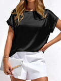 Womens Summer Tops Satin Blouses Dressy Casual Loose Crewneck Short Sleeve Shirts 2026 Work Business Outfits